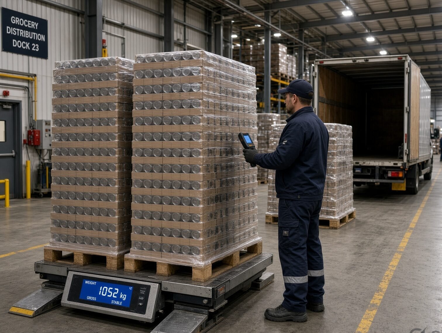 Pallets of canned food at a distribution centre dock