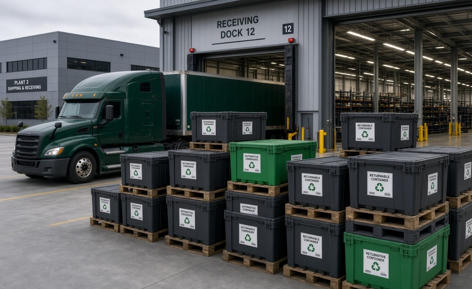 Automotive parts containers staged at a plant dock