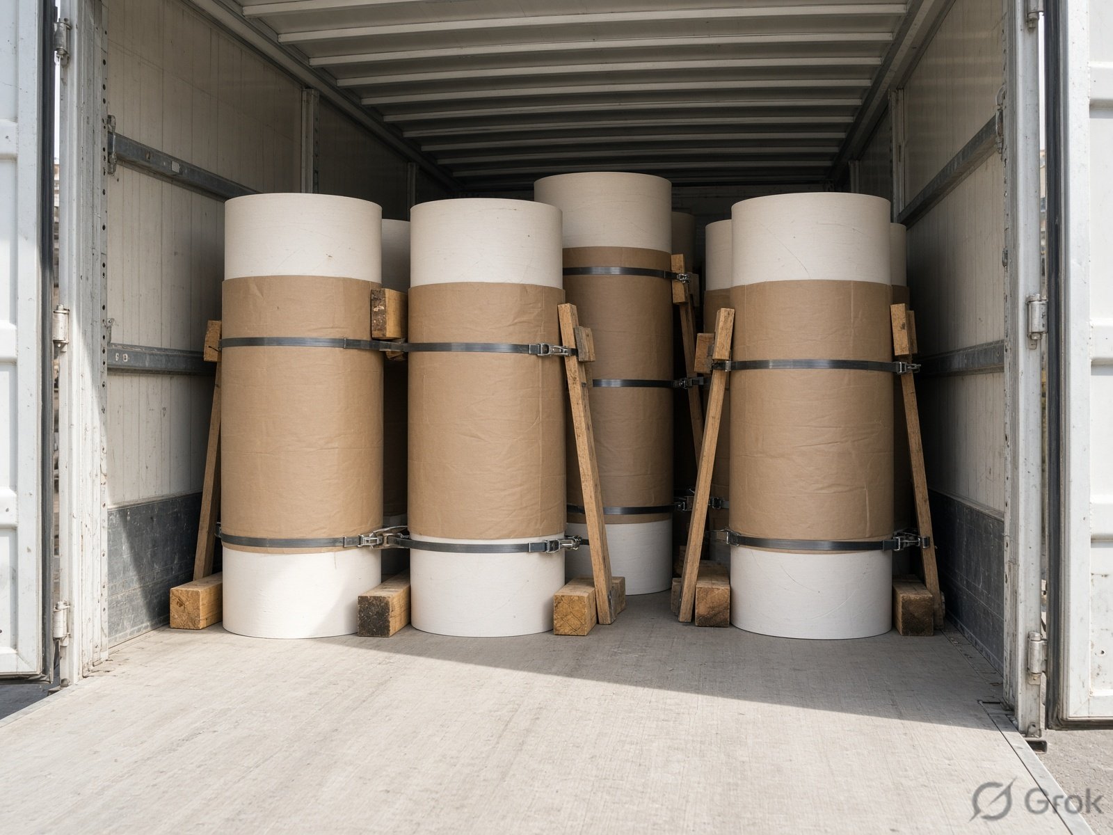 Paper rolls secured inside a dry van trailer