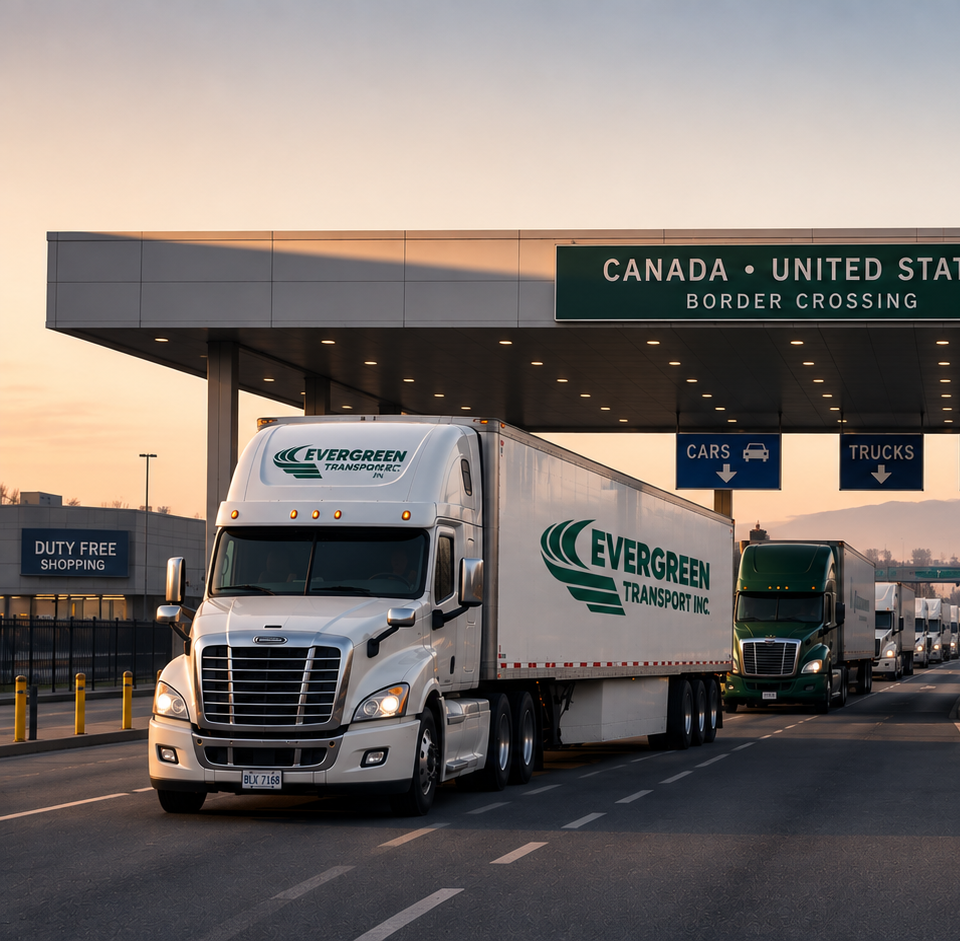 Evergreen Transport truck at a Canada–United States border crossing